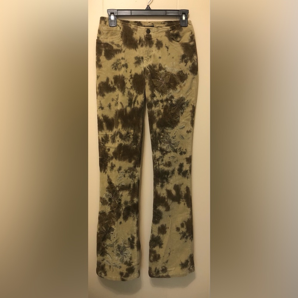 Woman’s Bebe corduroy brown/green camp colored with pink rhinestone detailing.